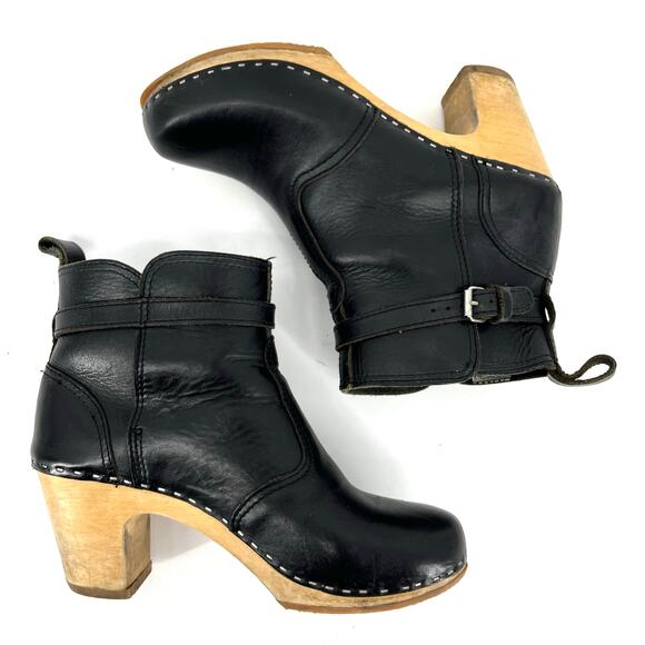 Hasbeens Swedish Black‎ Leather Women's Wooden Heeled Ankle Boot Buckle 40 - 9.5 - Picture 7 of 9